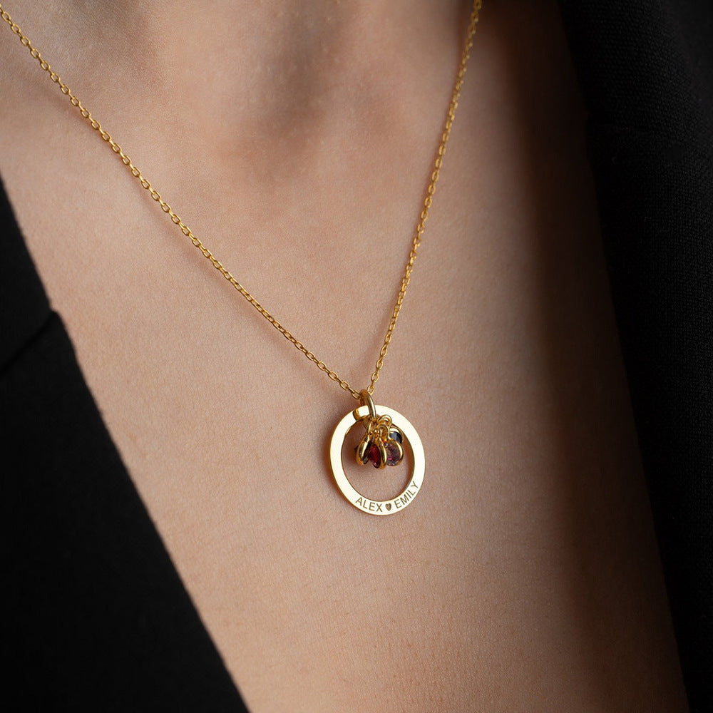 Personalized Engraved Birthstone Circle Necklace | Custom Family Name Pendant