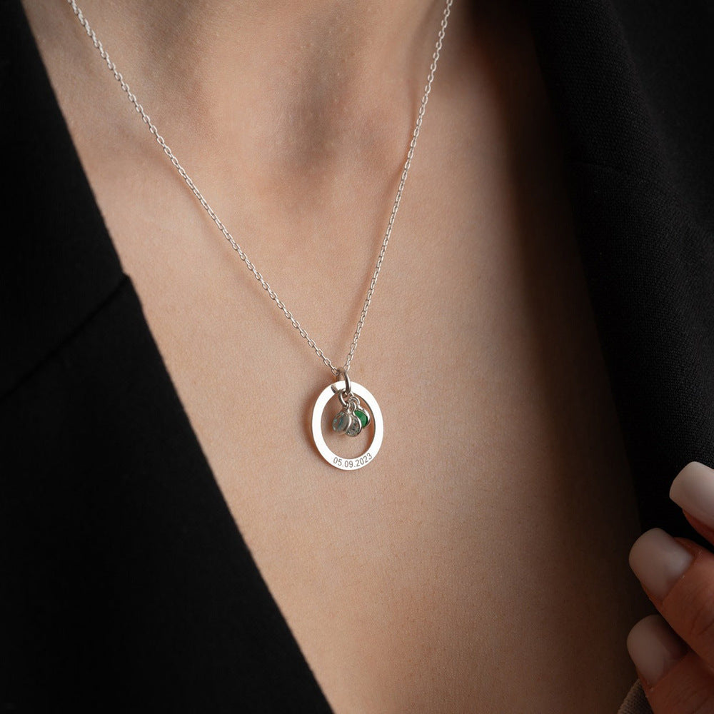 Personalized Engraved Birthstone Circle Necklace | Custom Family Name Pendant