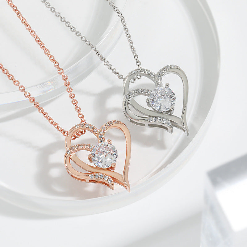 Double Heart Zircon Necklace – Rose & White Gold | AdoraVive