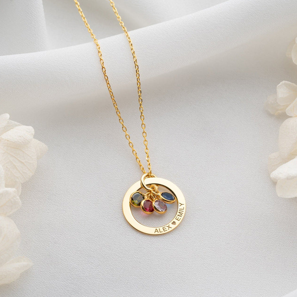 Personalized Engraved Birthstone Circle Necklace | Custom Family Name Pendant
