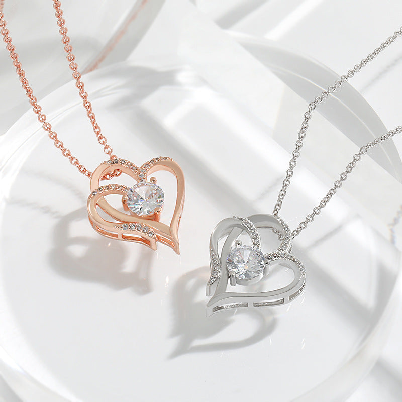Double Heart Zircon Necklace – Rose & White Gold | AdoraVive