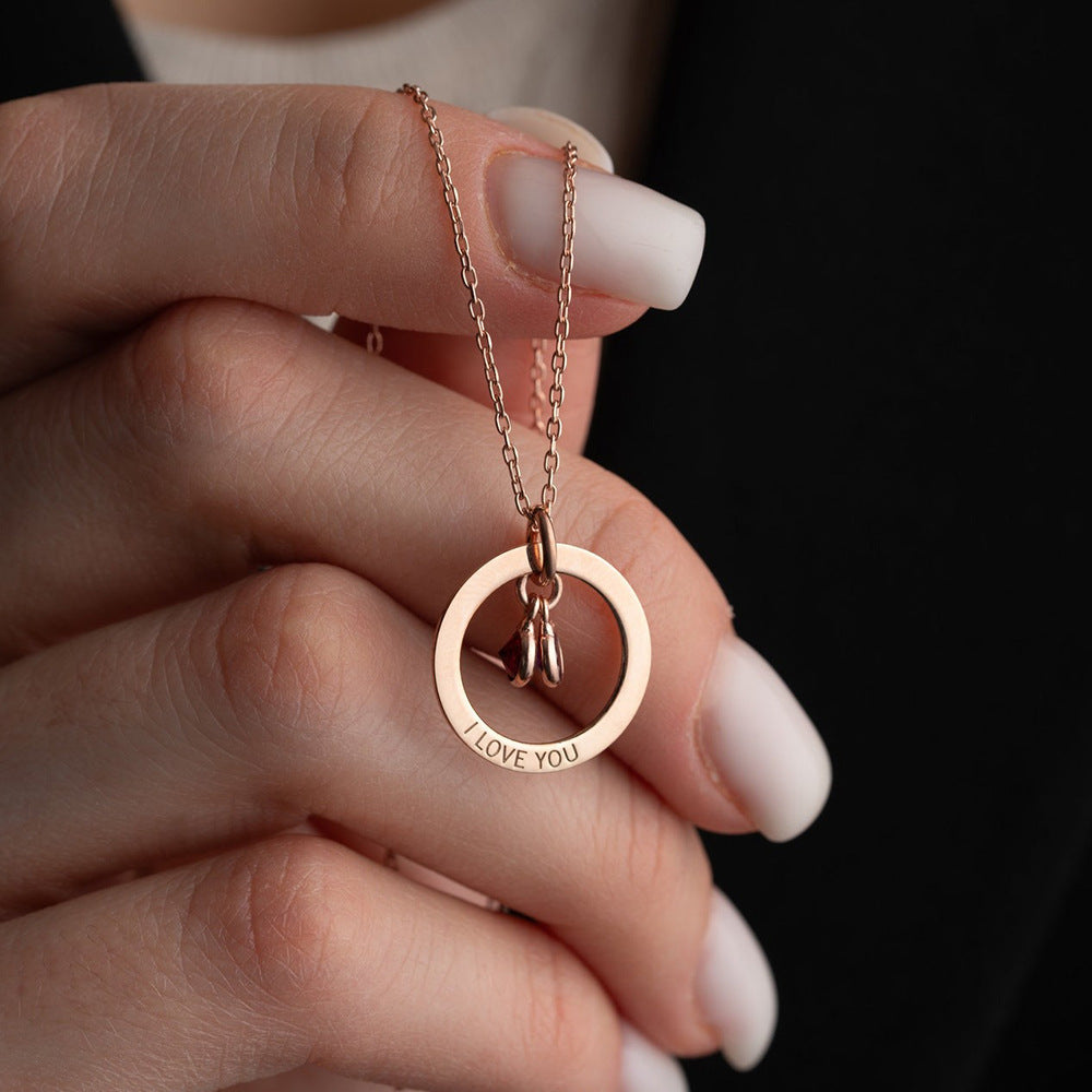 Personalized Engraved Birthstone Circle Necklace | Custom Family Name Pendant