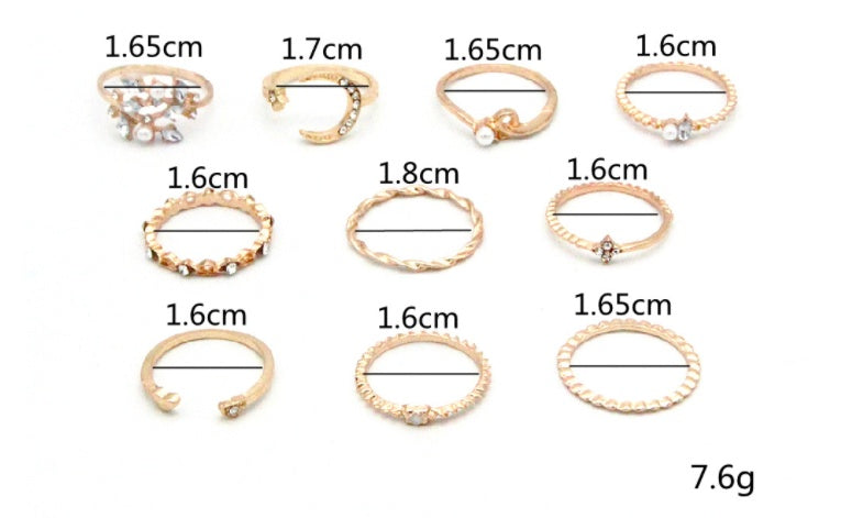Bohemian Star, Moon & Pearl Ring Set | 10-Piece Gold-Plated Collection