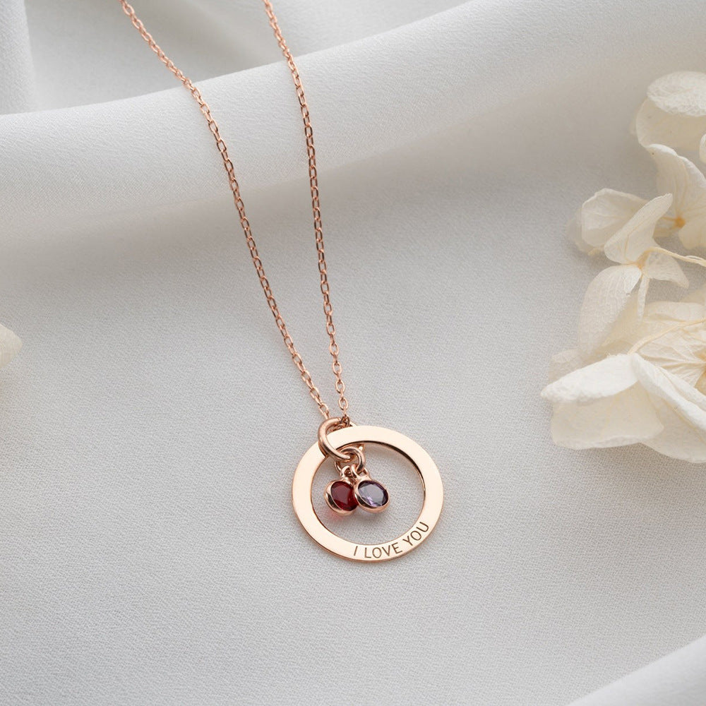 Personalized Engraved Birthstone Circle Necklace | Custom Family Name Pendant