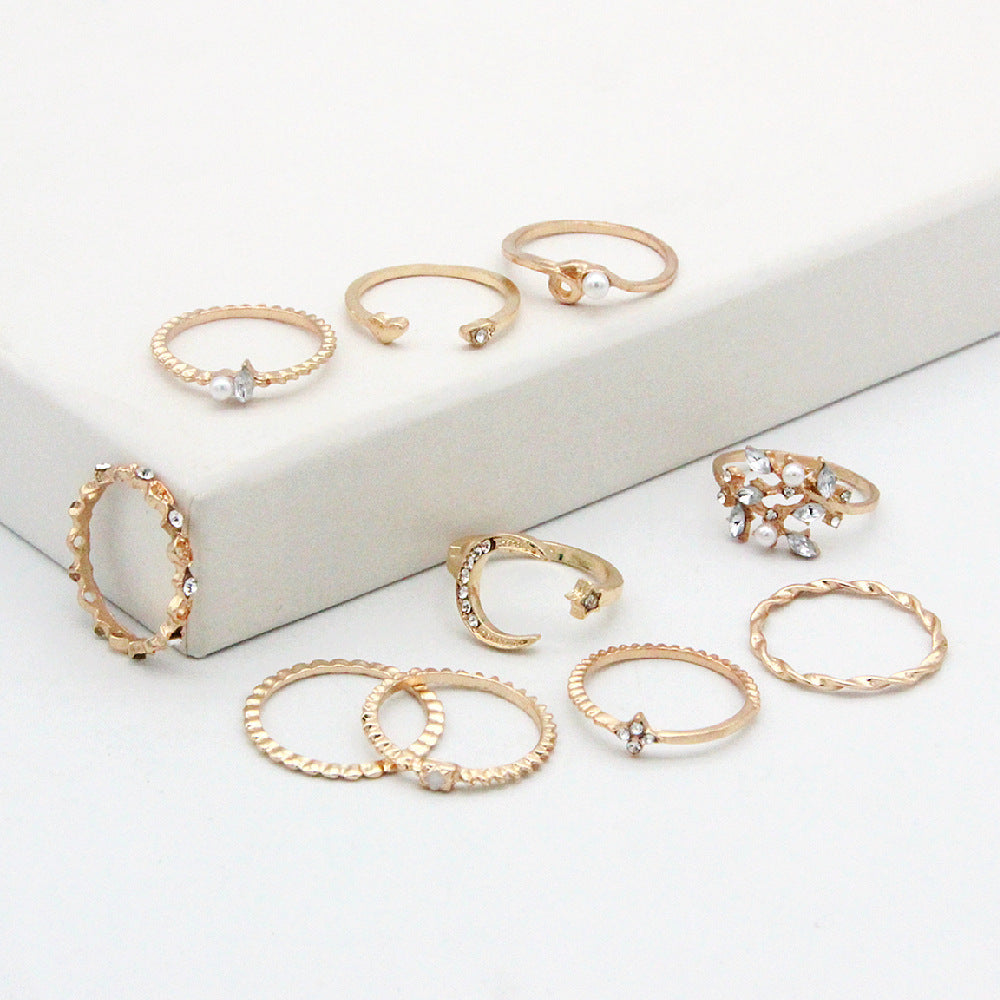 Bohemian Star, Moon & Pearl Ring Set | 10-Piece Gold-Plated Collection