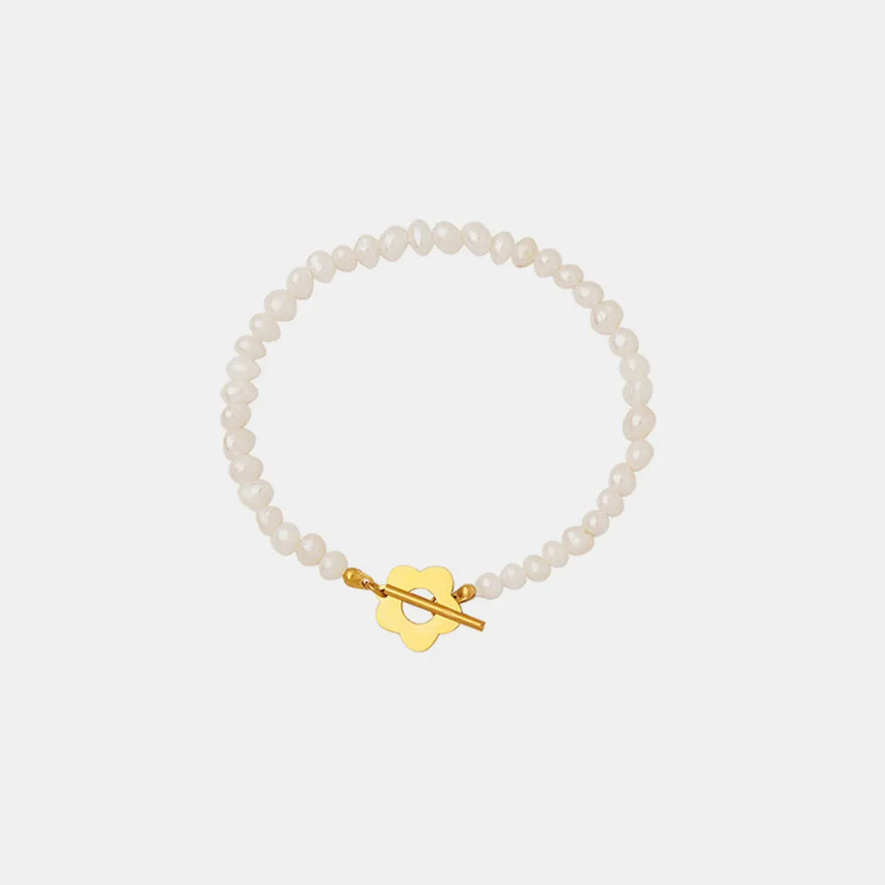 Titanium Steel & Freshwater Pearl Bracelet – Floral Elegance