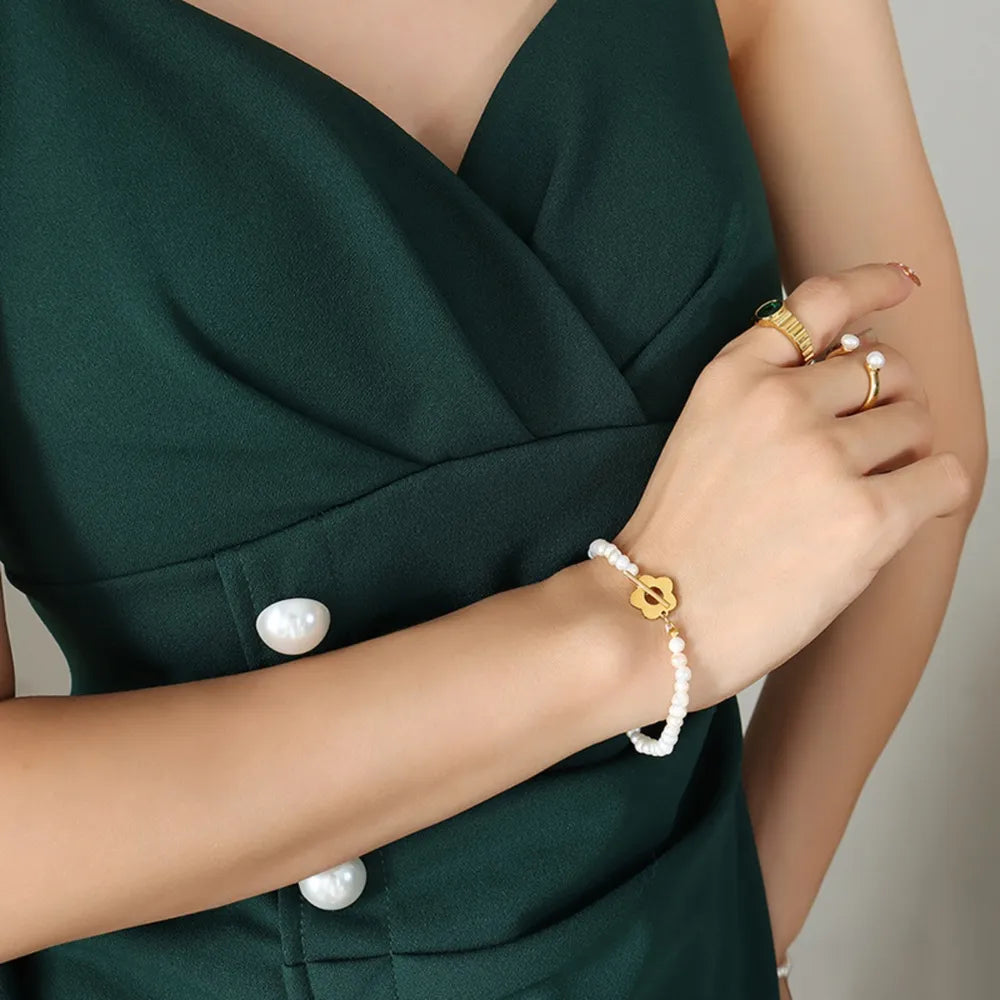 Titanium Steel & Freshwater Pearl Bracelet – Floral Elegance