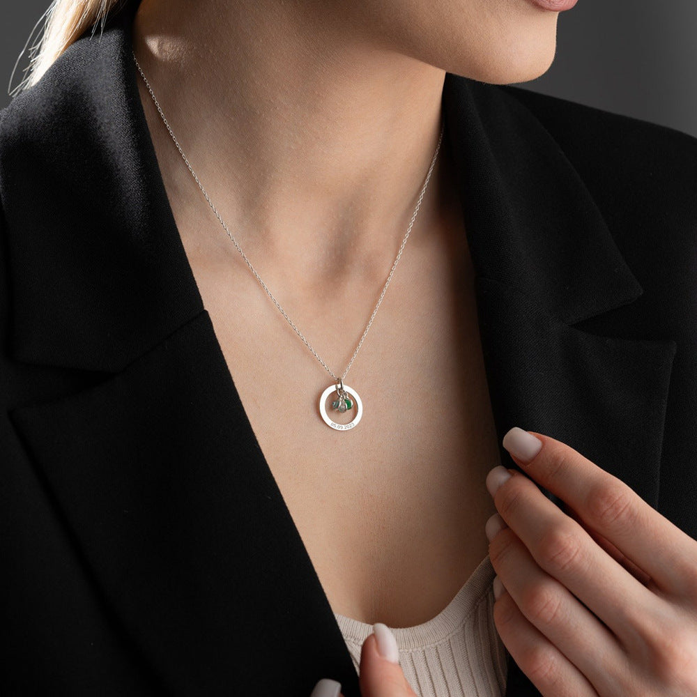Personalized Engraved Birthstone Circle Necklace | Custom Family Name Pendant