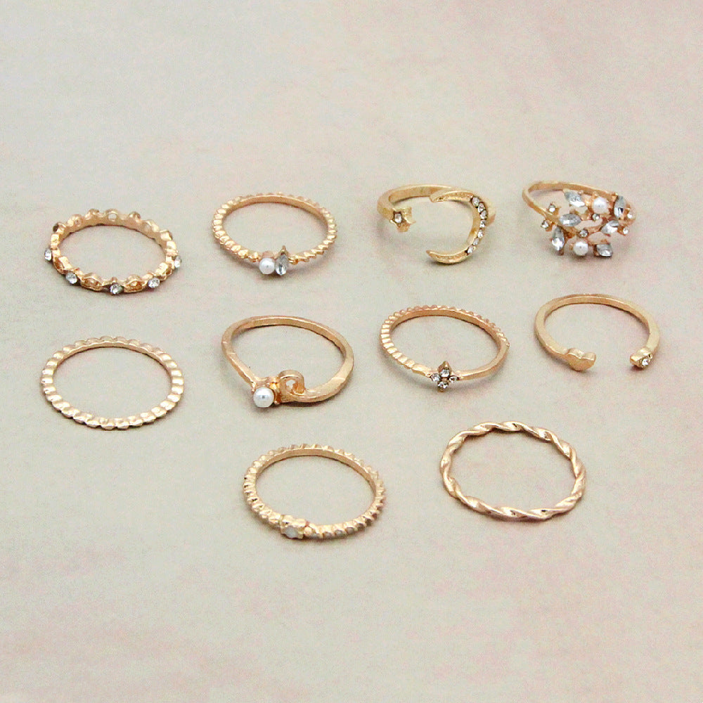 Bohemian Star, Moon & Pearl Ring Set | 10-Piece Gold-Plated Collection