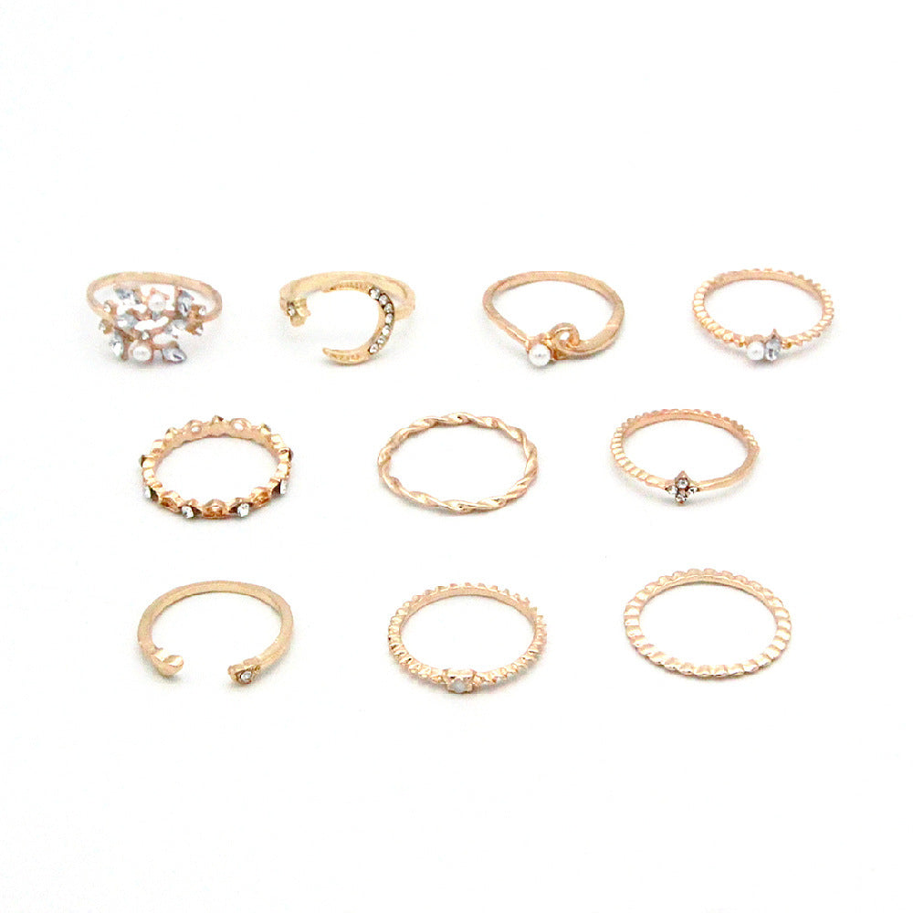 Bohemian Star, Moon & Pearl Ring Set | 10-Piece Gold-Plated Collection