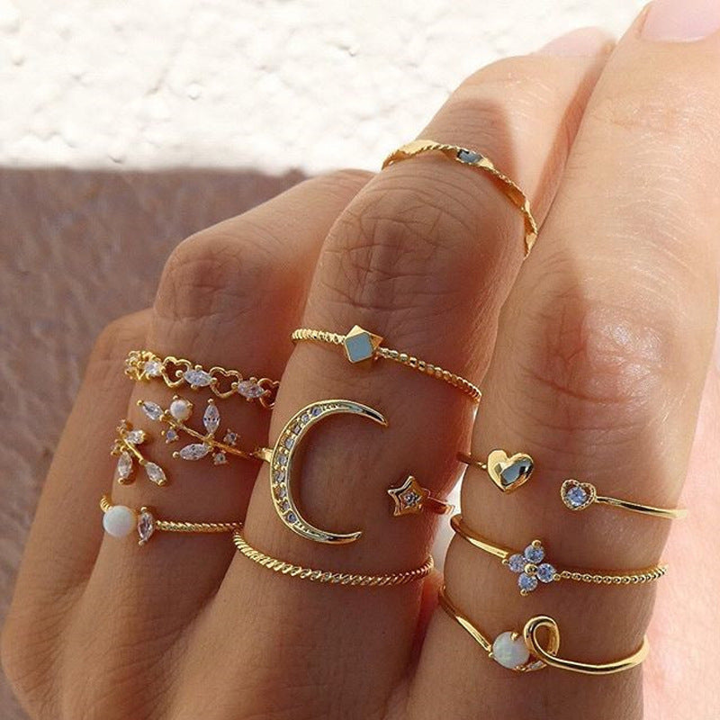 Bohemian Star, Moon & Pearl Ring Set | 10-Piece Gold-Plated Collection