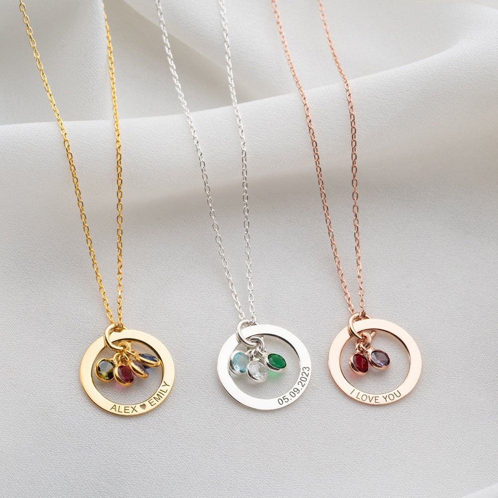 Personalized Engraved Birthstone Circle Necklace | Custom Family Name Pendant