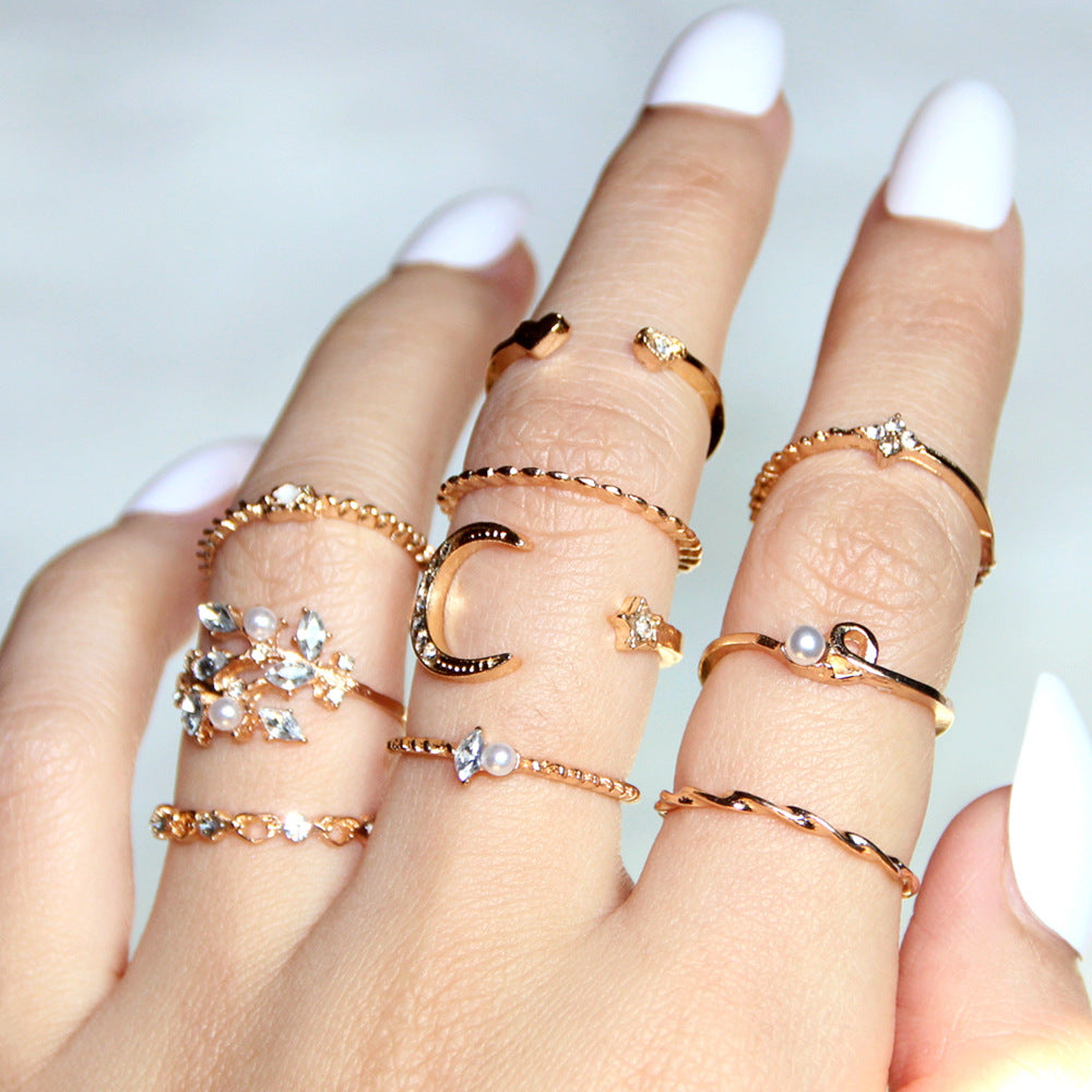 Bohemian Star, Moon & Pearl Ring Set | 10-Piece Gold-Plated Collection
