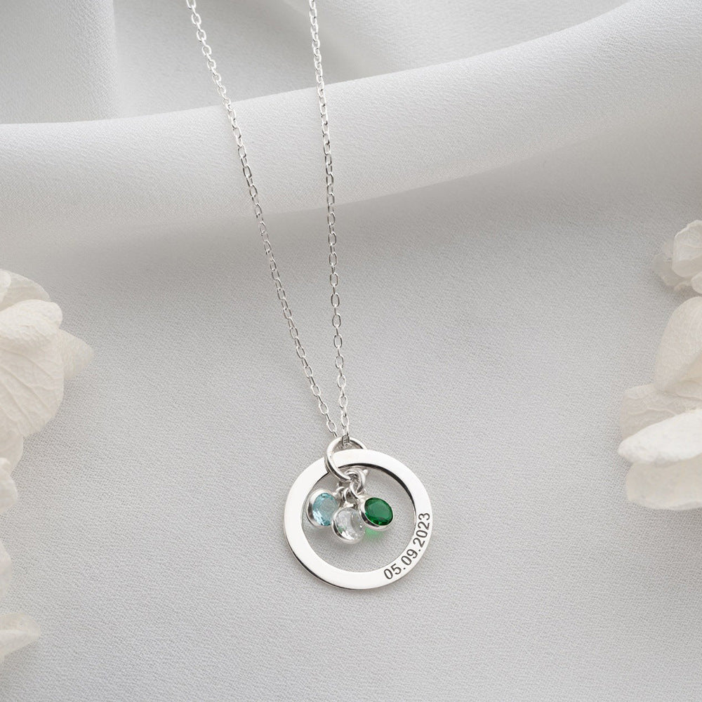 Personalized Engraved Birthstone Circle Necklace | Custom Family Name Pendant
